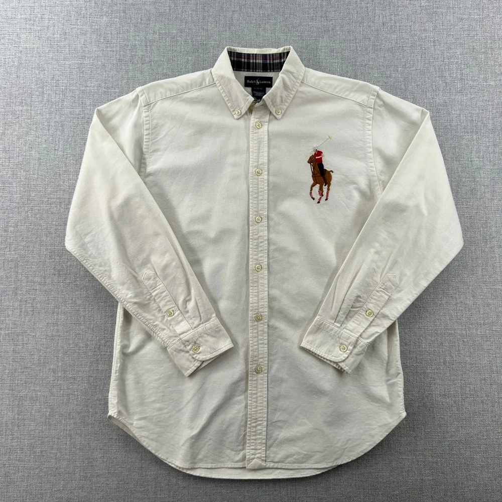 Ralph Lauren Boys White Oxford Big Flesh Pony Button Down Shirt Size L 14-16